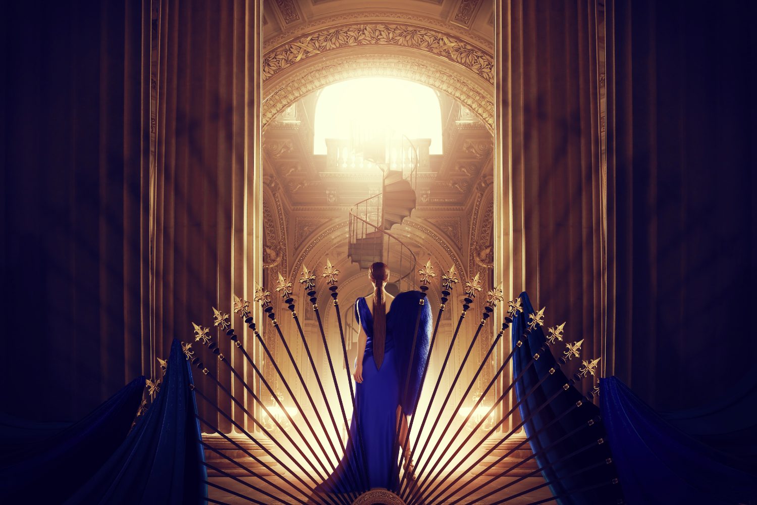 « La femme en bleu face à l'escalier du bonheur », photographie d'art de Ludovic Baron