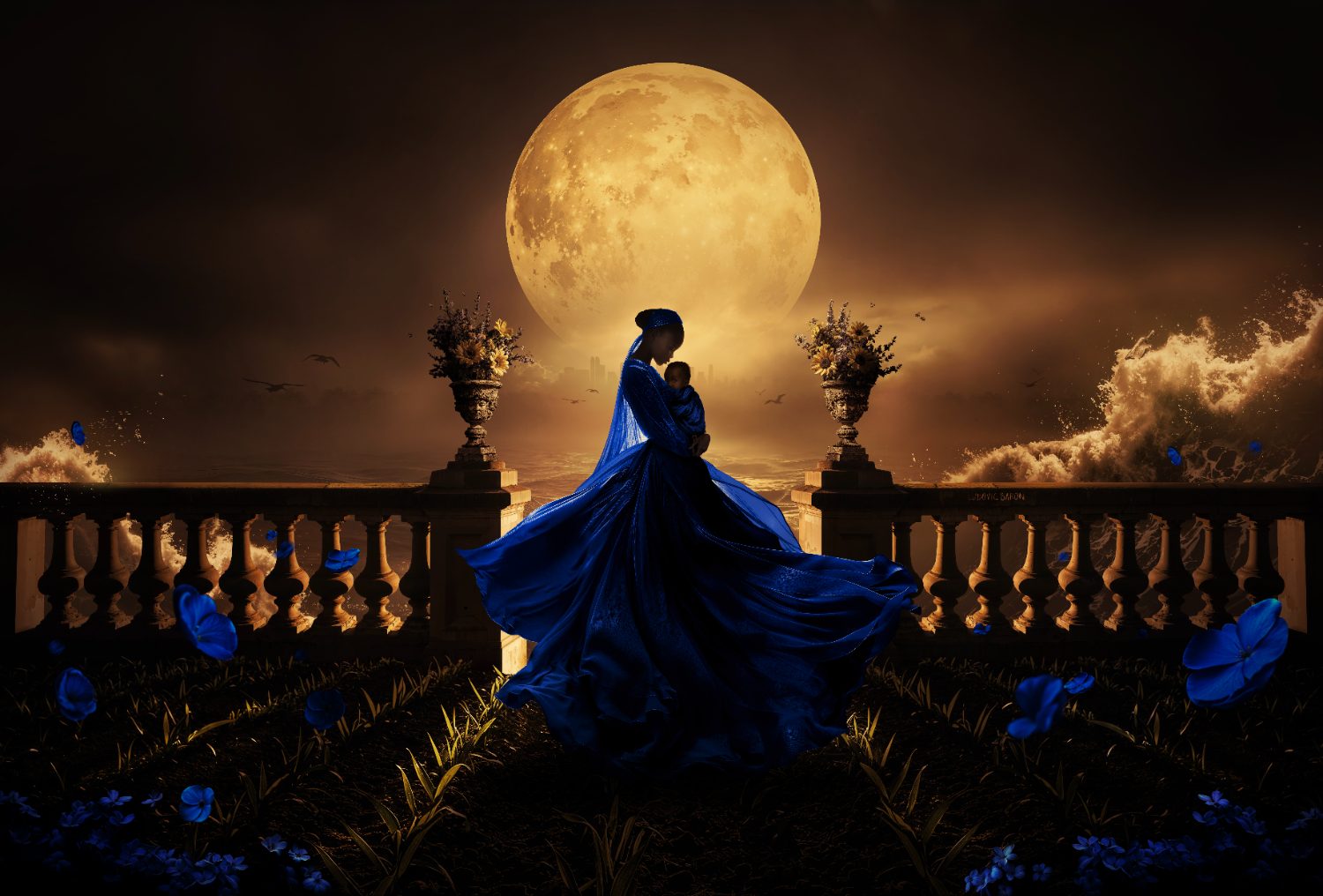 « La femme en bleu face aux vagues du changement Artiste Ludovic Baron », photographie d'art de Ludovic Baron